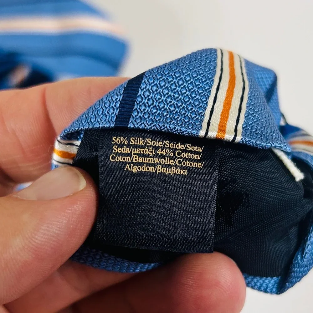 Brooks Brothers Necktie Blue Orange Striped Silk Cotton USA Made 3 1/4 x 58 1/2